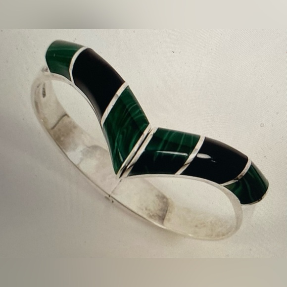TAXCO Sterling Silver Malachite & Onyx Chevron Hinged Bracelet Stamped Mexico HP - Picture 4 of 14